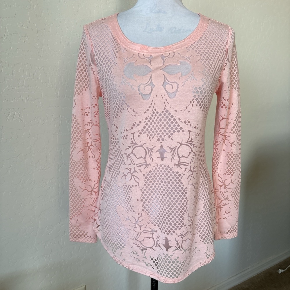 Cache Light Pink Lace Blouse with long sleeves. S